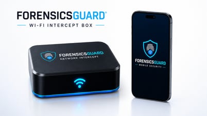 The ForensicsGuard Wi-Fi sensor appliance beside a mobile handset running the Mobile Sensor