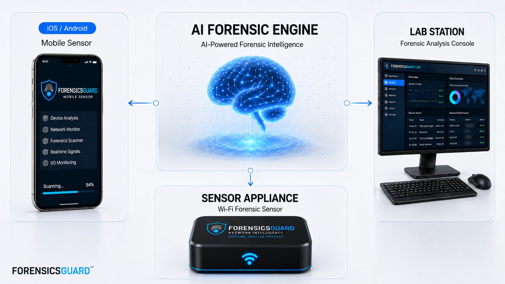 Diagram of the ForensicsGuard platform. The Mobile Sensor, running on iOS and Android, and the Wi-Fi Sensor Appliance both connect to a central analysis engine, which feeds the Lab Station forensic analysis console.