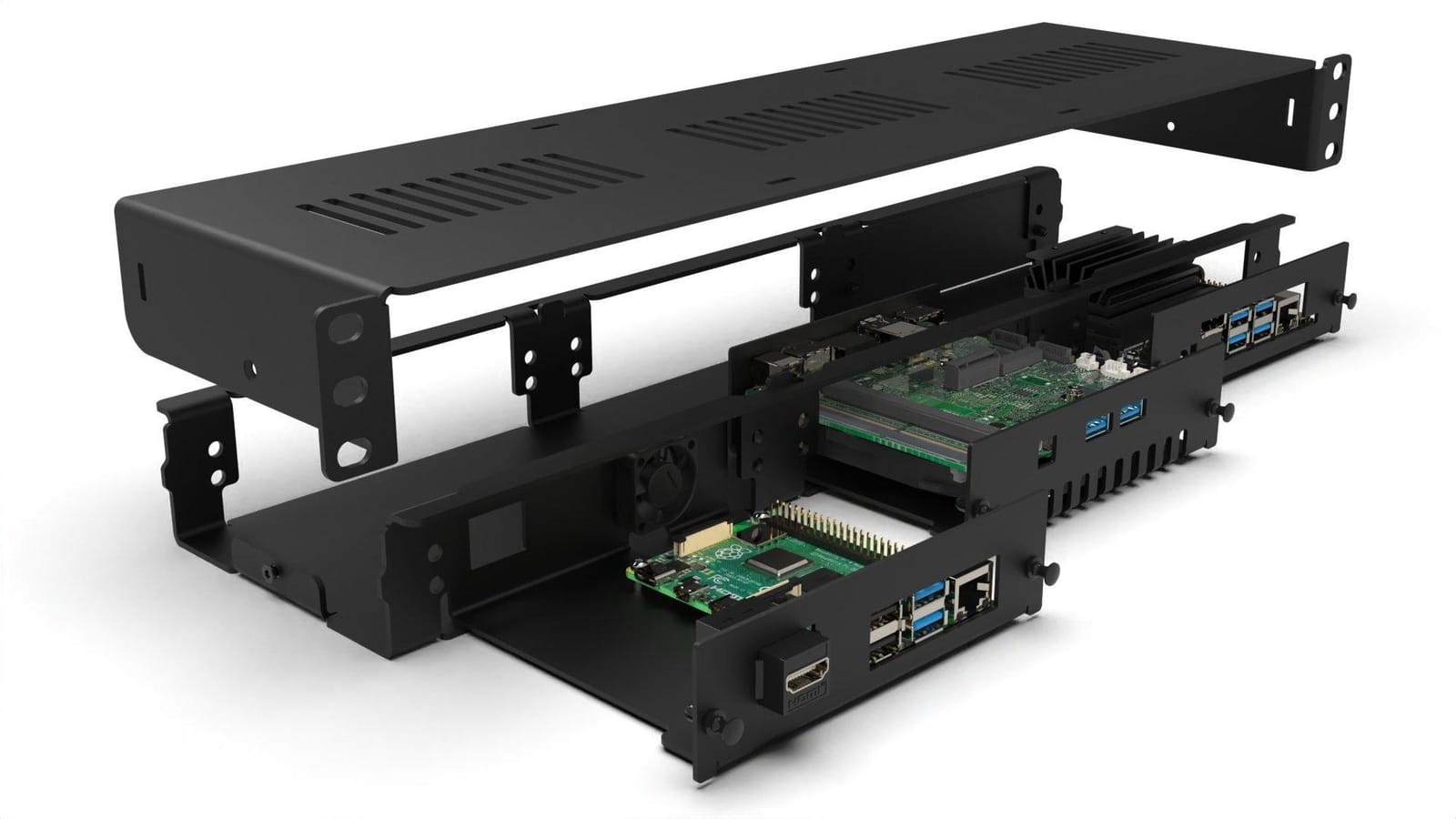 Exploded engineering view of a rack-mount Guardian appliance chassis and its internal boards