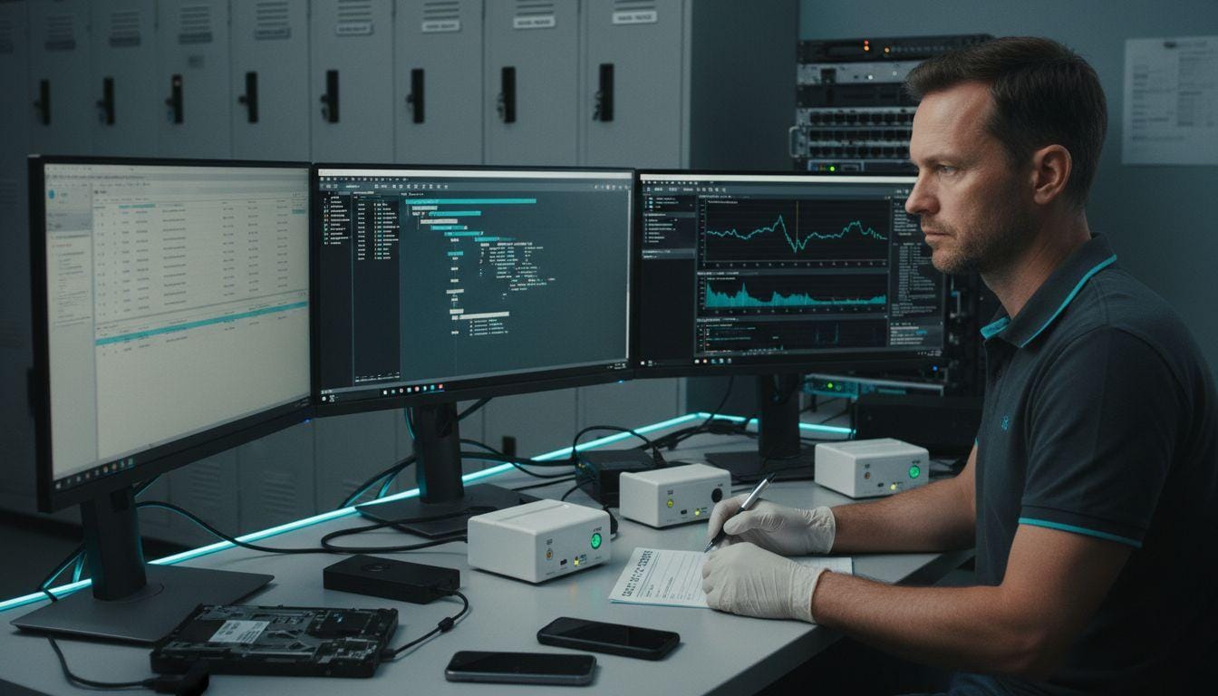 A forensic analyst working across three monitors in a laboratory, with sealed evidence devices and handsets on the bench