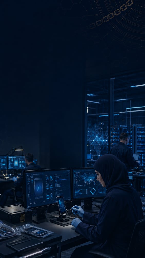 Analysts working at forensic workstations in a laboratory