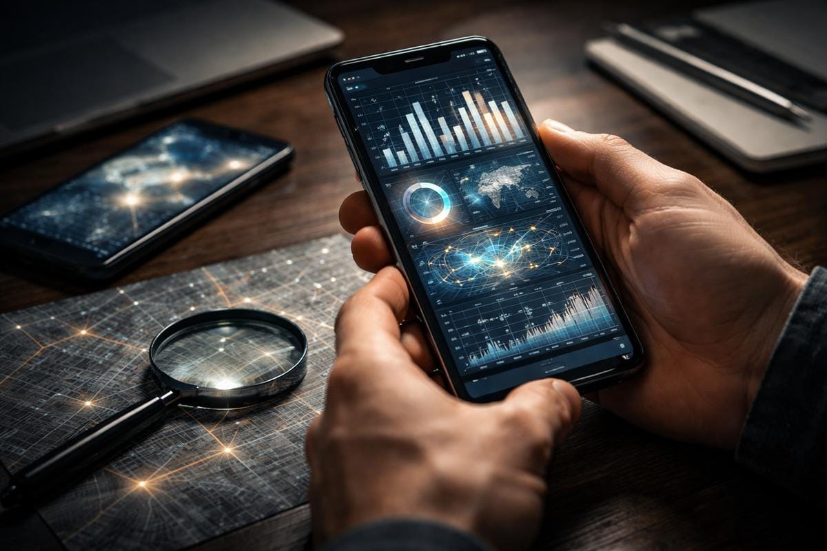An investigator examining behavioural analytics from a mobile device, with a second handset and a magnifying glass on the desk