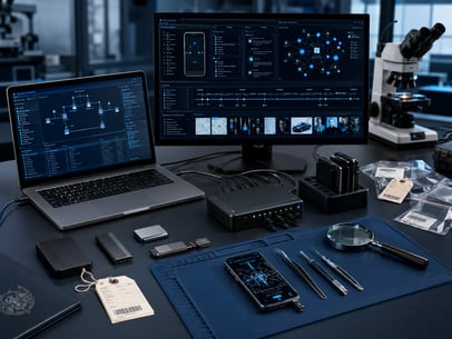 A forensic analyst's workbench: a laptop and monitor showing network analysis, alongside a microscope, a mobile handset and evidence bags